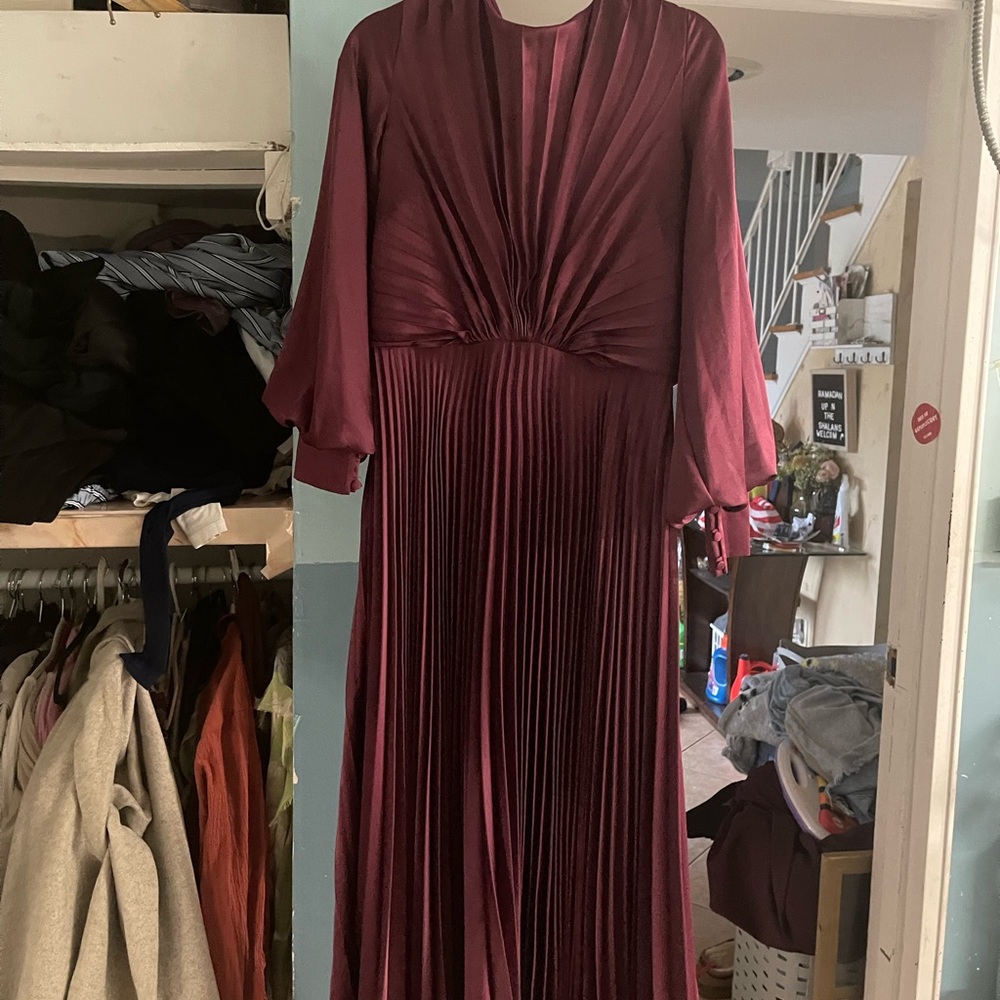 Elegant Red Maxi Dress with Plunge Neckline and Bishop Sleeves